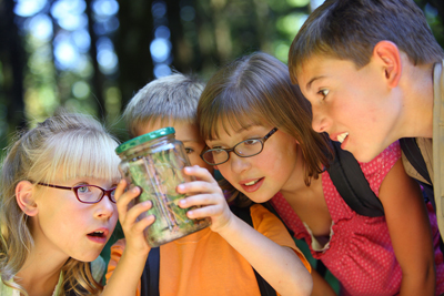 Children looking at bug in jar